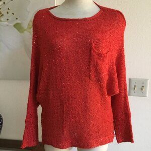 DAY & NIGTH Sparkly Sequins Sweater Top Dolman Sleeve High Low pocket Up Red S